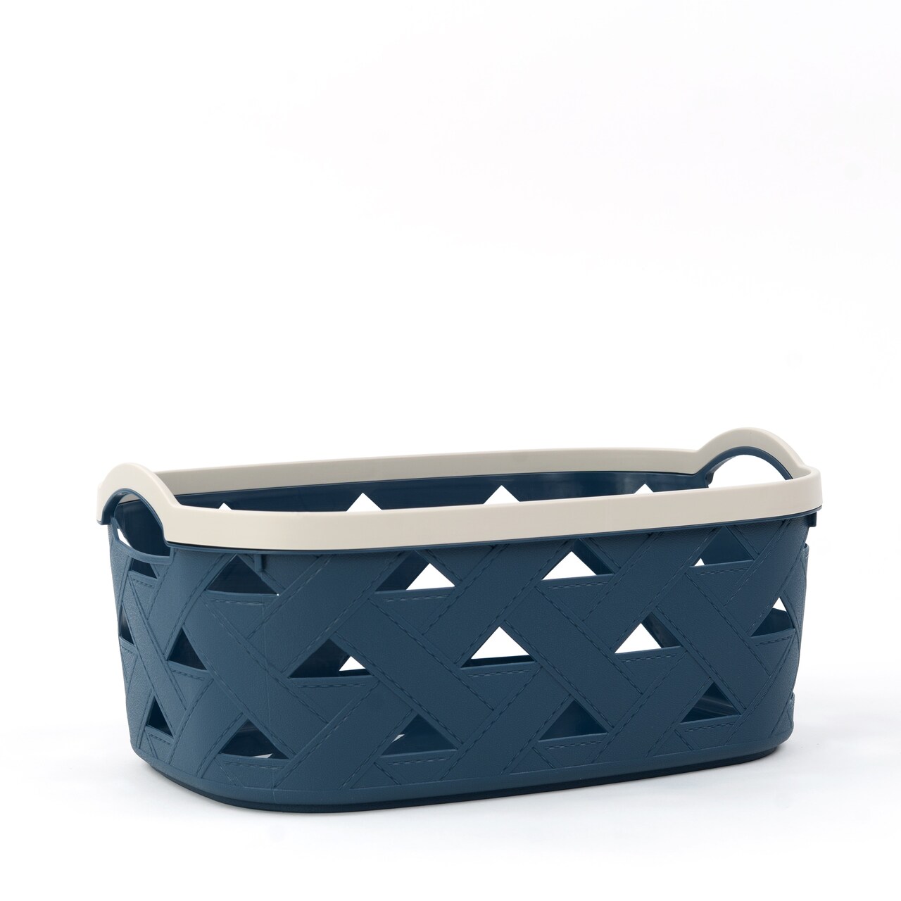 Organizing Essentials Large Plastic Storage Basket with Handles – Blue & Cream Decorative Bin for Bathroom, Kitchen, or Living Room – Designer Leather Pattern Organizer Basket, 10.6L